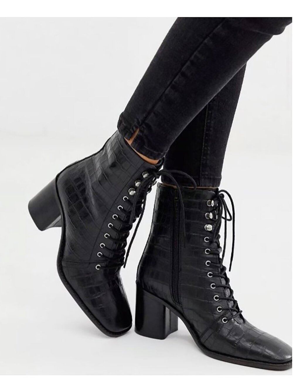 ASOS Black Lace-Up Ankle Boots – Croc Texture – Size US 9 (UK 7) – New